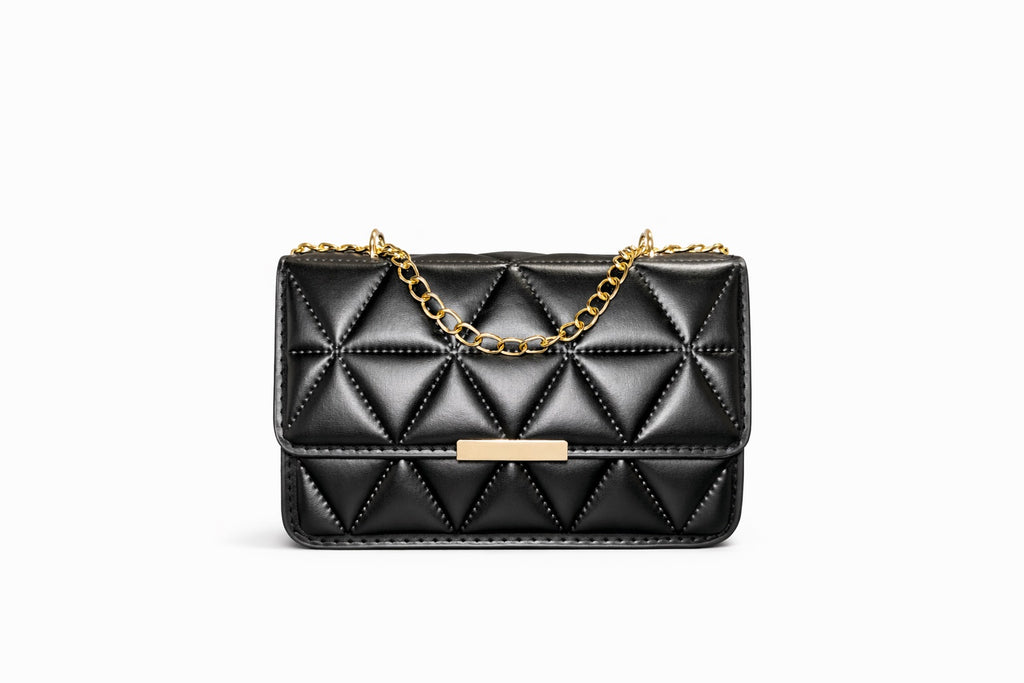 Καπιτονέ Τσάντα Ώμου &amp; Χιαστί - Μάυρη με Χρυσή Αλυσίδα