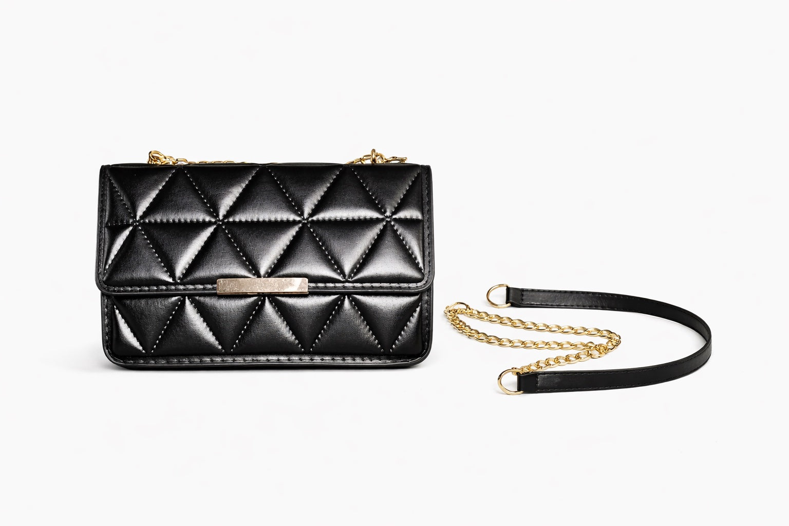 Καπιτονέ Τσάντα Ώμου &amp; Χιαστί - Μάυρη με Χρυσή Αλυσίδα