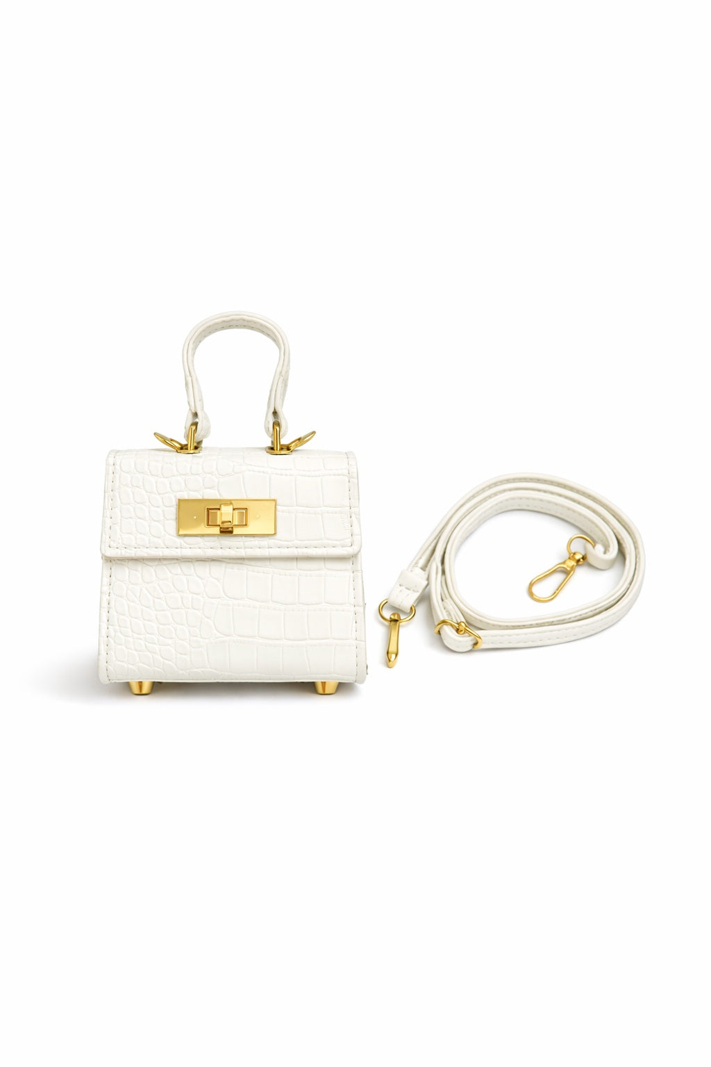 Mini Croco Τσάντα Χειρός σε Λευκό με Χρυσό Κούμπωμα