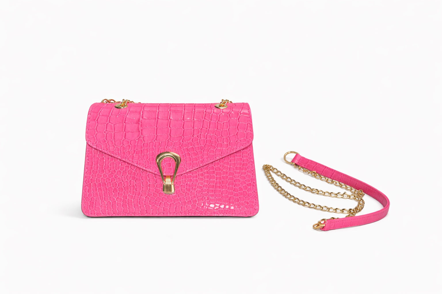 Τσάντα Χειρός &amp; Ώμου Croco σε Ροζ με Χρυσή Αλυσίδα
