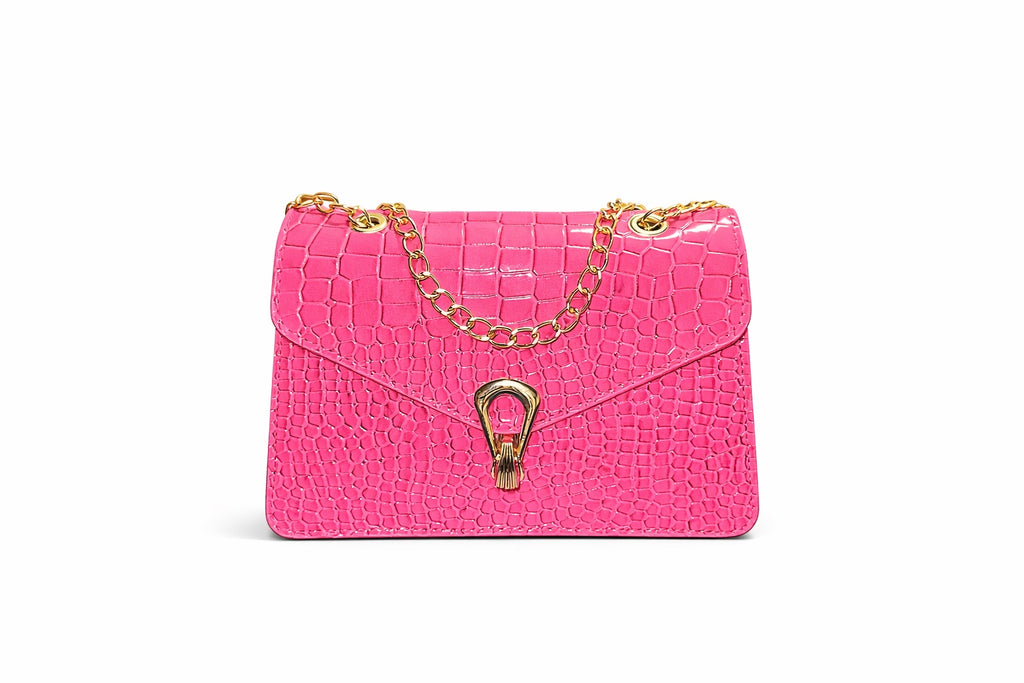 Τσάντα Χειρός &amp; Ώμου Croco σε Ροζ με Χρυσή Αλυσίδα