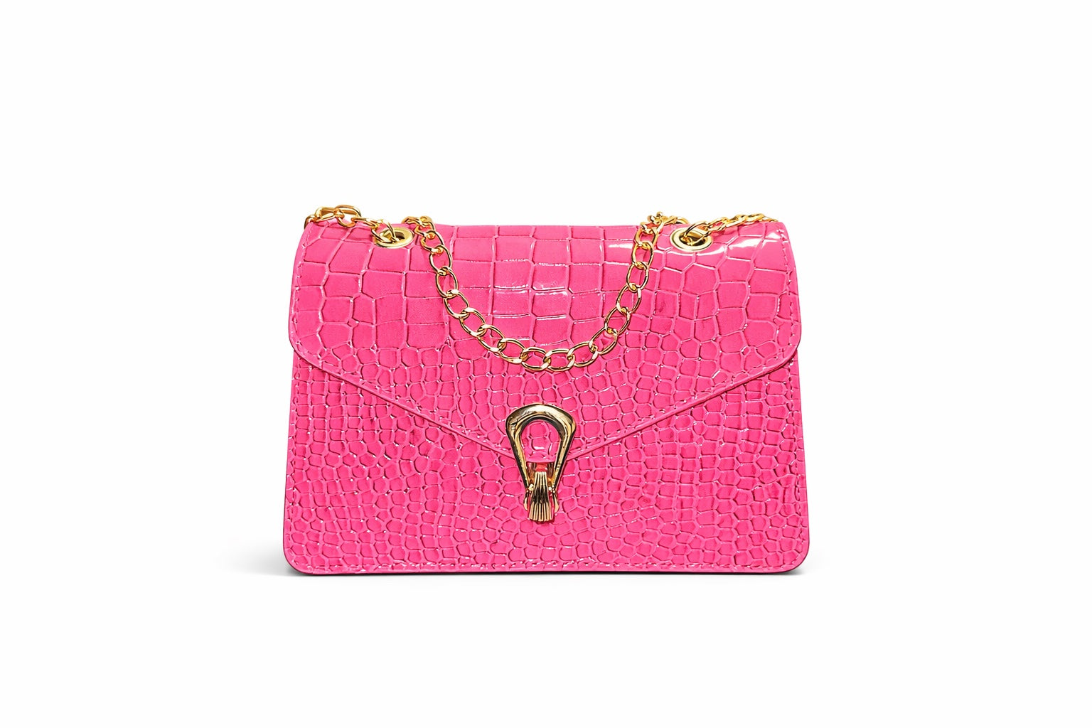 Τσάντα Χειρός &amp; Ώμου Croco σε Ροζ με Χρυσή Αλυσίδα
