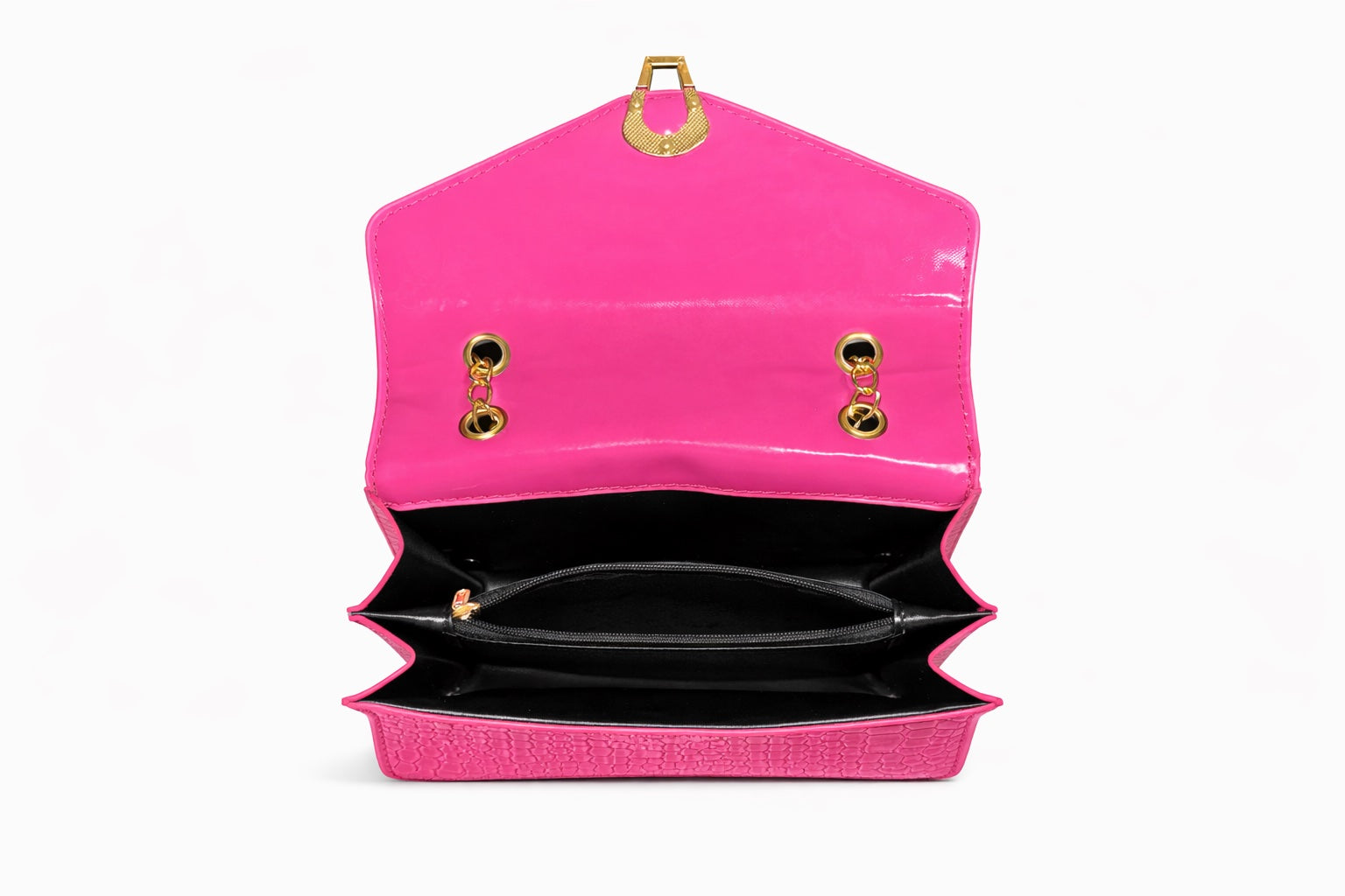 Τσάντα Χειρός &amp; Ώμου Croco σε Ροζ με Χρυσή Αλυσίδα